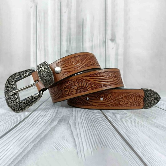 Premium Western Floral Embossed Hand Tooled Leather Belt for Men & Women - Picture 3 of 12